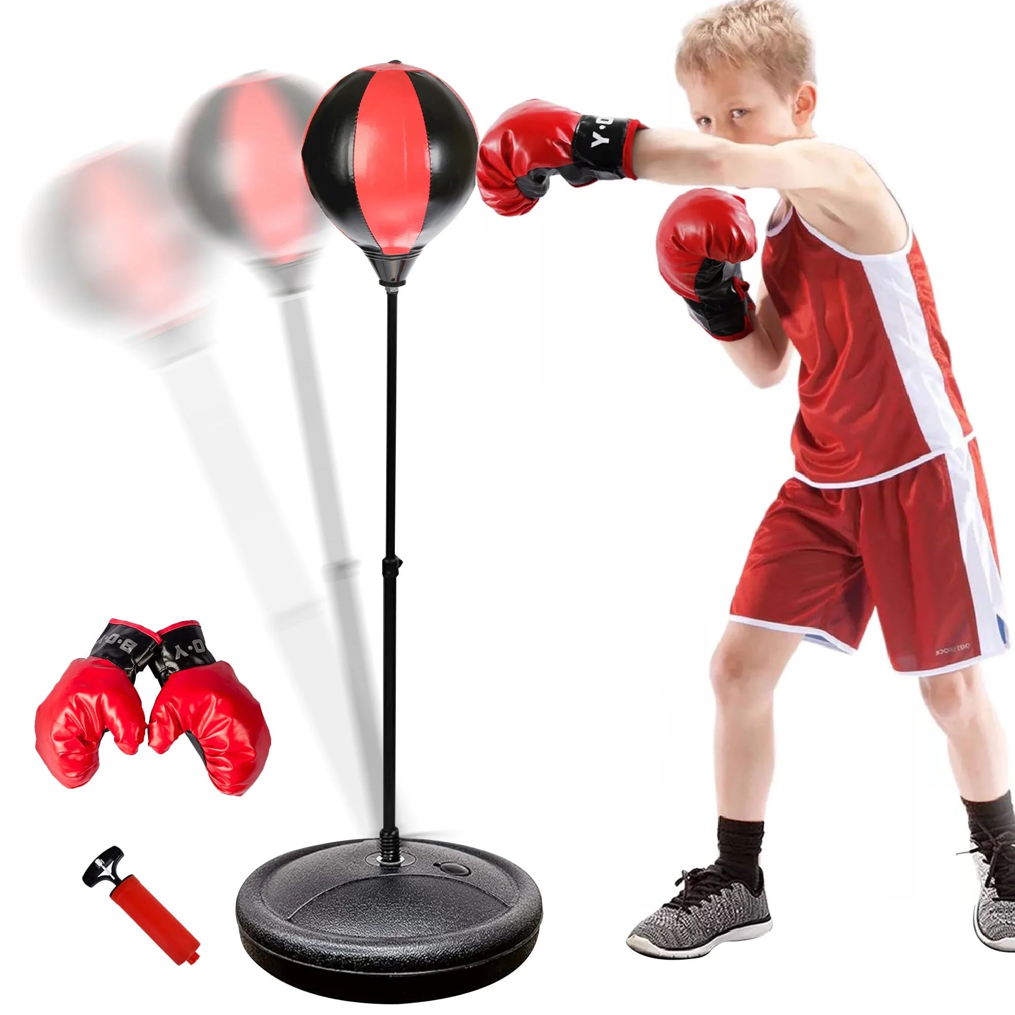 42 Inch Punching Bag for Kids with Stand & Boxing Gloves, Height Adjustable Boxing Bag Sport Toy for Boys and Girls Aged 3-10 Years Old, Black & Red