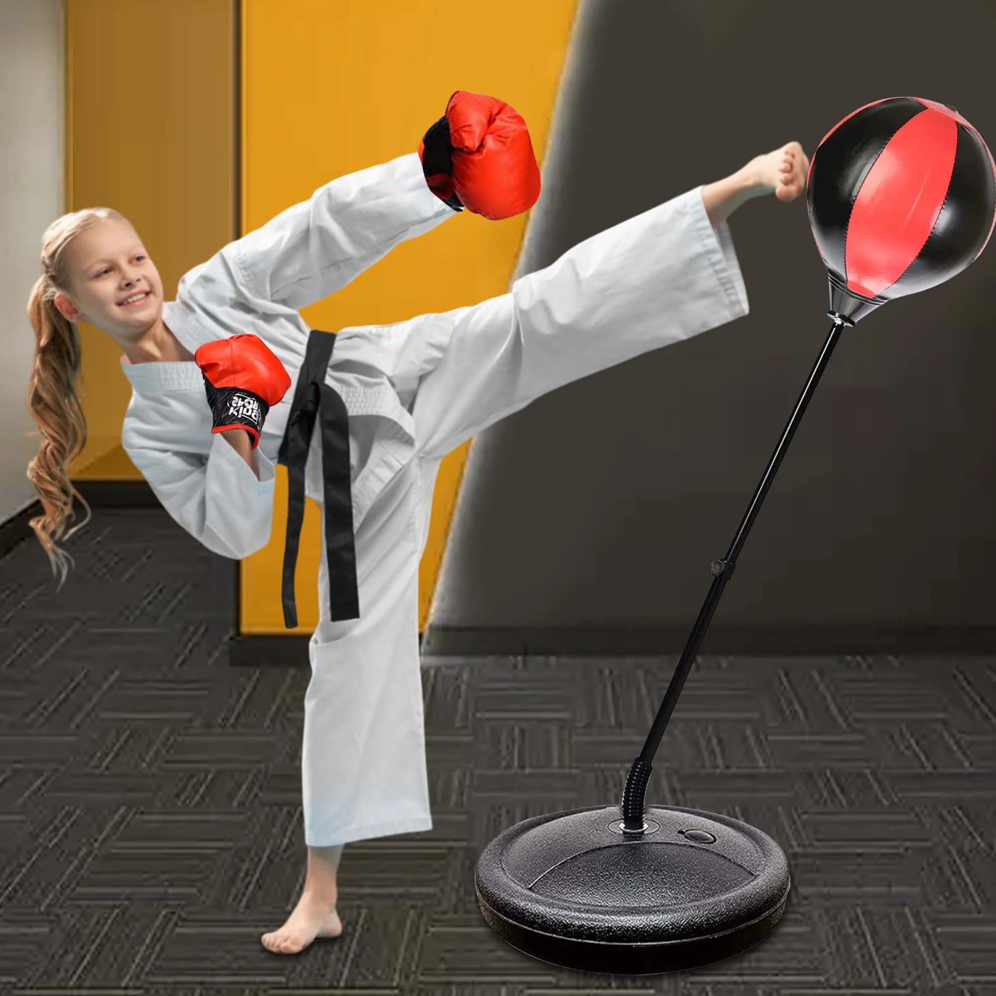 42 Inch Punching Bag for Kids with Stand & Boxing Gloves, Height Adjustable Boxing Bag Sport Toy for Boys and Girls Aged 3-10 Years Old, Black & Red